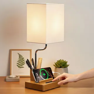 OUTON 8000 mAh Tischlampe Kabellos mit Stiftehalter, LED Nachttischlampe Akku, Eckiger Stoffschirm, 3 Farbtemperaturen, Touch, Stufenlos Dimmbar, Memory, Akkustandanzeige