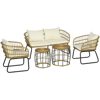 Outsunny 5 tlg. Rattan Gartenmöbel-Set mit Kissen, Gartengarnitur mit 2 Couchtischen, 2 Sesseln, 1 Doppelsofa, Sitzgarnitur für Garten, Terrasse, Stahl, Beige
