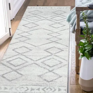 TOPICK Läufer Flur Waschbar Küche Läufer Modern Geometrischer Teppich Dünner Antibakterieller Faltbar rutschfest Teppich für Brücken Schlafzimmer Wohnzimmer Tisch Flur Eingangsbereich 60x150cm Grau
