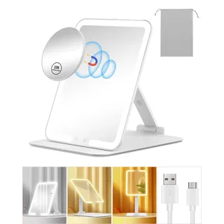 Gospire Wiederaufladbar Reise Kosmetikspiegel mit Licht und 10X Vergrößerung, Faltbarem Ständer & Winkelsensorlicht, 3 Lichtfarben & Einstellbare Helligkeit, Schminkspiegel mit Beleuchtung, Weiß