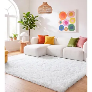 MARATIP Teppich Wohnzimmer Weiß 120x160 cm Flauschig Weich | Hochflor-Teppich, waschbar, rutschfest, kuschelig. Ideal für Schlafzimmer, Arbeitszimmer und Kinderzimmer.