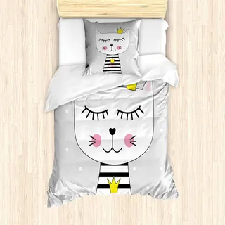 ABAKUHAUS Katze Bettbezug Set, Prinzessin mit Meow Text auf Hemd und eine Krone, 135 x 200 cm + 80 x 80 cm, Grau Rosa