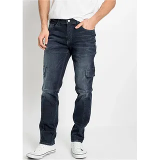 Cargojeans BONPRIX "Slim Fit Cargo-Stretch-Jeans, Straight", Damen, Gr. 50, N-Gr, blau (dunkelblau denim used), Obermaterial: 98% Baumwolle, 2% Elasthan, slim fit, Jeans Cargojeans, Slim Fit, aus Baumwolle und Elasthan, mit gewaschener Optik