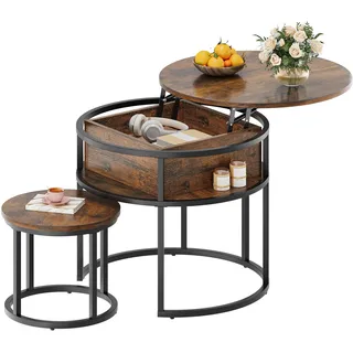 YITAHOME Couchtisch Rund, 2er Set, Wohnzimmertisch Vintage mit Stauraum und Hebeplatte, Couchtisch Höhenverstellbar für Wohnzimmer, 60x60x50cm,38x38x30cm