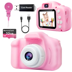 One'sMore Upgrade Selfie kinderkamera für Mädchen, Geburtstagsgeschenk für 3-6 Jahre altes Mädchen, Kinder Kamera mit Videofunktion, Spielzeug Kamera Kinder mit 32GB SD Karte Rosa