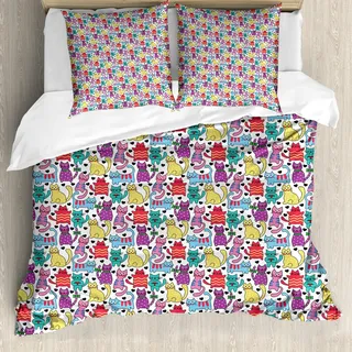 ABAKUHAUS Katze Bettbezug Set, Karikatur-Art lebhafte farbige freundliche fröhliche Charaktere mit Herz-Glück-Liebe, 155 x 220 cm + 80 x 80 cm, Mehrfarbig