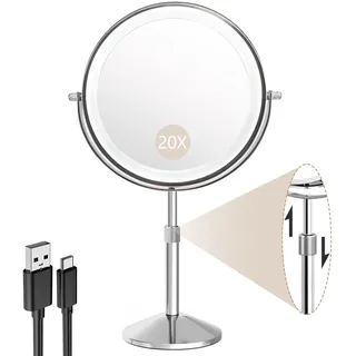 BTremary Kosmetikspiegel mit Beleuchtung 8", 20fach Vergrößerungsspiegel mit Licht, Höhenverstellbar Spiegel mit Beleuchtung for Badezimmer, 360° Drehbar Vergrößerungsspiegel für Details (Silber)