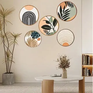 Ibenzoa® 5‐teiliges Boho Wanddekor-Set aus hochwertigem Holz, Blumenmotive in sanftem Orange, 20 & 25 cm, mit Metallhaken – Wanddekoration für Wohn- und Kinderzimmer - Beige