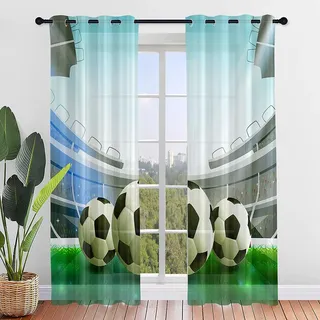 Hiseng Voile Vorhänge mit Ösen Durchsichtig Halbtransparent Ösenvorhang für Fenster Fußball Wohnzimmer Schlafzimmer Moderne Junge Transparent Gardine 2er Set (140x160cm,Schwarz)