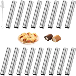 17 Stück Cannoli Backform, Edelstahl Schaumrollenform Klein, Backform Hörnchen, Antihaft Schillerlockenform Edelstahl, Cannoli Röhrchen mit Reinigungsbürst 12cm, für Schillerlocken Cannoli Sahnehorn