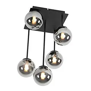 Qazqa Landhaus Deckenleuchte, Deckenlampe - Athens - Schwarz mit Rauchglas, Rund, 5-flammig, 25.5cm, Ideal als Flur, Schlafzimmerlampe und Wohnzimmerlampe