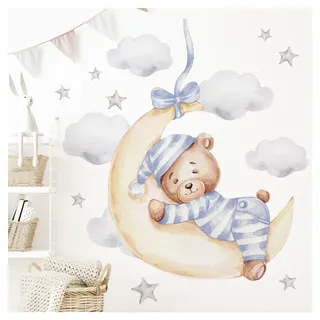 Little Deco Wandsticker Bär auf dem Mond Wandtattoo für Kinderzimmer Teddybär Sterne Wandaufkleber Deko DL823-2