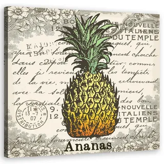 Feeby Wandbild vintage ananas , Gelb , Textil , Essen/Getränk , Rechteckig , 50x50 cm , Bilder & Rahmen, Bilder, Leinwandbilder
