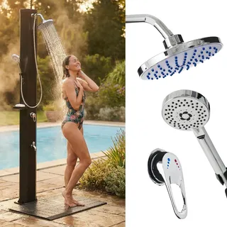 BRAST 3in1 Solardusche Gartendusche | 40-60 Liter | Handbrause & Fußdusche | Gartenschlauch-Anschluss | 2 Varianten | inkl. Standmatte Abdeckcover & Seifenhalterung | ohne Stromanschluss | 40 Liter