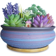 ARTKETTY 7,7 Zoll große runde saftige Pflanzgefäße mit Drainage Bambusschale Keramik glasierte Bonsai-Töpfe für Innen- / Außenpflanzen Garten dekorative Kaktusblumenbehälterschale