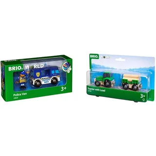 BRIO Bahn 33825 - Polizeiwagen mit Licht und Sound & Bahn 33799 - Traktor mit Holz-Anhänger