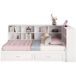 Redom Funktionsbett 90/190 cm mit Ausziehbett, Stauraum und Steckdose, Weiß , Holzwerkstoff , 90x190 cm , Schlafzimmer, Betten