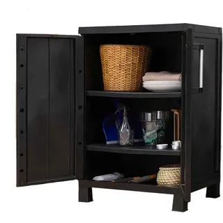 Avilia Schrank mit 2 Türen, mit 2 verstellbaren Einlegeböden, niedriger Schrank für Werkzeuge und Werkzeuge, recyceltes Material, 65 x 37 x 93 cm, Schwarz