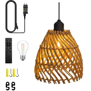 Hängelampe mit Stecker Boho,Dimmbar Fernbedienung 5M Rattan Deckenleuchte | E27 Lampenschirm, Hängelampe Deckenleuchte Esstisch Lampen ,Hängelampen Pendelleuchte für Wohnzimmer Schlafzimmer, Balkon