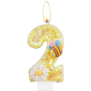 Blume Geburtstagskerzen, Zahl 2 Kerzen mit Biene für Kuchen, Mädchen 2. Geburtstag Dekorationen, Gelb Glitzer Geburtstagskerzen Honigbiene Kuchen Kerzen Topper für Mädchen Baby Geburtstag Party