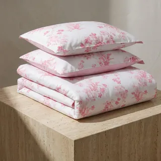LERUUM Bettwäsche Set 200x200 Baumwolle Riversibel Blumen Streifen Rosa Weiß Bettbezug (Rosa 200 x 200 + 2 (65 x 65))