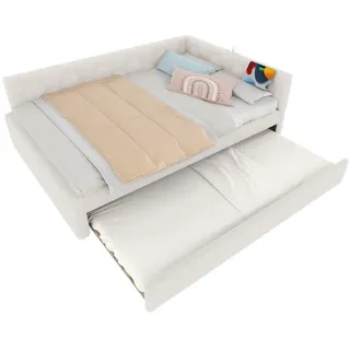 Okwish Daybett 140/200 cm Weiß mit Ausziehbett und USB-Anschluss aus Vliesimitat , Textil , 140x200 cm , Schlafzimmer, Betten, Polsterbetten