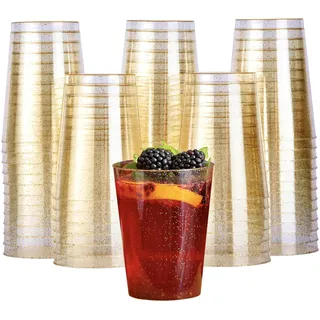 MATANA 50 Premium Plastikbecher mit Goldglitzer (285ml/10oz) – Hartplastik Partybecher Trinkbecher - Wiederverwendbar & BPA-frei – Mehrwegbecher für Cocktails, Sekt & Desserts, Hochzeiten & Partys