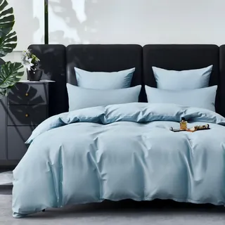 YASMENG Satin Bettwäsche 135x200 Hellblau 100% Langstapelige Baumwolle Kühlend Mako Satin Bettwäsche 135 x 200 Weich Seidig Atmungsaktiv Bettbezug Set 2teilig mit Reißverschluss und 80x80 Kissenbezug