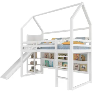 Stilvora Hochbett 90/200 cm in Weiß mit Rutsche, Regal und LED im Haus-Design , Holz , 90x200 cm , Babymöbel & Kindermöbel, Kinderzimmer & Jugendzimmer, Kinderbetten, Hochbetten