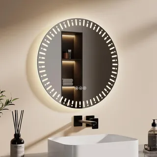 EMKE Badspiegel mit Beleuchtung LED Spiegel 50 cm mit beschlagfrei, Dimmbar 3 Lichtfarbe Rund Badezimmerspiegel Wandspiegel mit Touchschalter