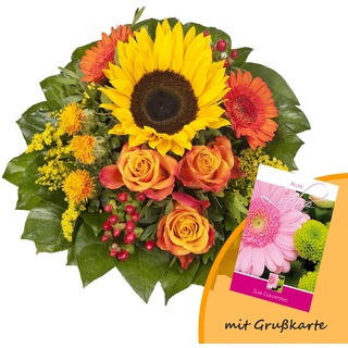 Dominik Blumen und Pflanzen, Blumenstrauß "Sonnenlicht" mit einer Sonnenblume, orangen Rosen, Germini, Färberdistel und Goldrute und Grußkarte "Geburtstag"