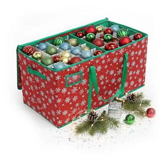 Relaxdays Weihnachtskugel Aufbewahrungsbox, 128 Kugeln, HxBxT: 33 x 66 x 33 cm, Schneeflocken, Vlies, Pappe, rot/grün