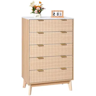 Vevor Kommode mit 5 geriffelten Schubladen, Holzkommode mit Schiebe- und Kippschutz, moderner minimalistischer Retro-Schubladenschrank Organizer für Wohnzimmer Schlafzimmer Flur (helles Holz)