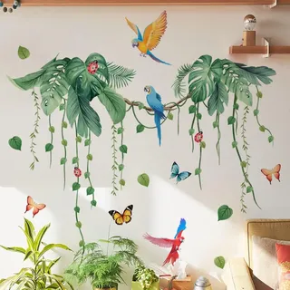 COVPAW Wandtattoo Tropische Pflanzen Papagei Blätter Wandaufkleber Baum Vogel Hängende Pflanzen Grün Wandsticker Kinderzimmer Wohnzimmer Schlafzimmer Flur Wanddeko (Parrots and tropical plants)