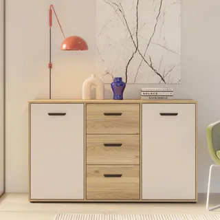 Forte MOKKARO Sideboard 140 145, Kommode mit 3 Schubladen und 2 Schranktüren, Kaschmir/Beige, Mauvella Eiche Dekor/Sand, 141,2 cm breit, 84,9 cm hoch, 42 cm tief
