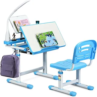 Costway Kinderschreibtisch mit Lampe höhenverstellbar 120 x 60 cm MDF Metall Blau