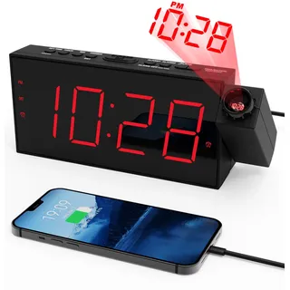 Projektionswecker für Schlafzimmer, digitaler wecker mit großer 7" LED-Anzeige, Dimmer, 350° Projektor, 12/24H, Snooze, Batteriebetriebene Uhr für Kinder Senioren Schlafzimmer Reisen Nachttisch