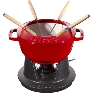 Staub Fondue Set mit 6 Gabeln, Gusseisen, 18 cm, 1,6 l, Geeignet für Käse- Schoko- und Fleisch-Fondue, Kirschrot