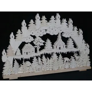 Schwibbogen el. Beleuchtet mit Kirche ,Haus und Rehen b x h= 50x33cm NEU
