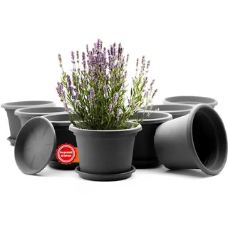 BigDean 8X Blumentopf mit Untersetzer rund ø 25 cm Anthrazit wetterfest | wetterfester Pflanzkübel Made in Europe