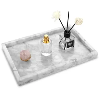 Marmor Tablett Natürlicher Modern Luxuriöser Badezimmertablett Kosmetiktablett Vielseitiges Deko Tablett Küche Arbeitsplatten für Schlüssel, Kaffee, Parfüm, Schmuck Carrara Weiß 30 x 20 x 3 cm