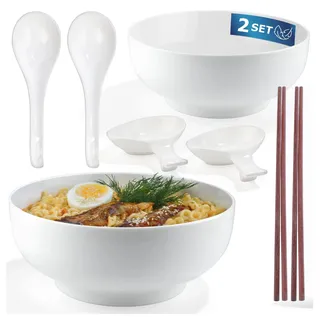 Urban Lifestyle Ramen Schüssel Set aus Porzellan Ø 20,5 cm Warm Weiß – 2 Ramen Schüsseln, 2 Ramen Löffel, 2 Dipschalen & 2 Paar Essstäbchen – Ramen Set als Salatschüssel & Suppenschalen
