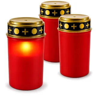 com-four® 3x LED Grablicht - LED Kerze Ewiges Licht - Rote Grabkerze mit Flackereffekt