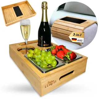 LURETI® Couchbar Snackbox 3-in-1 mit Geschenkbox und EXTRA Sofatablett - Snackspender mit 2 Snackschalen - Holz Snackbox für Sofa, Deko, Couch bar mit Handy und Getränkehalter - Bambus Snackbar