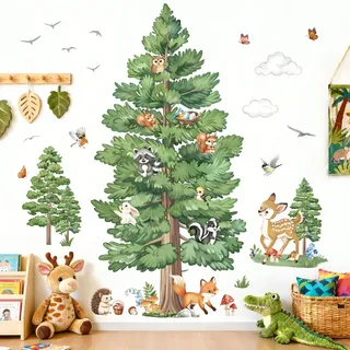 decalmile Wandsticker XXL Waldtiere Kinderzimmer Wandtattoo Baum Große Kiefer Hirsch Fuchs Wandaufkleber Junge Babyzimmer kinderzimmer Wanddeko