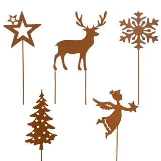 Joxessaien 5 Stück Weihnachtsdeko rost, 5 Stile Gartenstecker Rost Weihnachten, Weihnachtsgesteck für Draußen, Adventskranz Weihnachtskranz