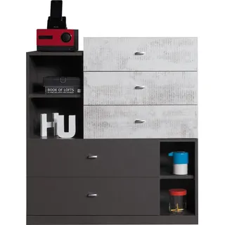 Masseno Kommode FIUME 90 cm Sideboard mit 5 Schubladen und Türen für Wohnzimmer Schlafzimmer Modern 90x40x100 cm Graphitfarben / Hellgrau