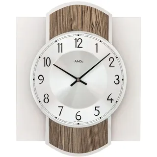 AMS 9562 Wanduhr Quarz analog Holz Optik nussbaum farben modern mit Glas - Silber