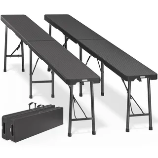 CASARIA® 2er Set Bierbank Klappbar 8 Personen Rattanoptik 183cm Kunststoff Klappbank Faltbar Campingbank Bierbänke Bierbankgarnitur Gartenbank Schwarz - Schwarz