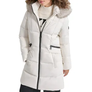 DKNY Damen Women's Zip Front with Fake Fur Hoodie, Pearl, Large Jacket, Pearl, L EU